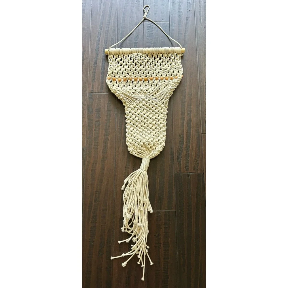 Handmade Macrame Hanging Plant Holder Hanger Wood Beads MCM Boho
